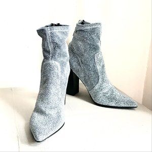 Dolce Vita Silver Glitter Stretch Satin Taper Heel Pointed Boot Shoe 8.5